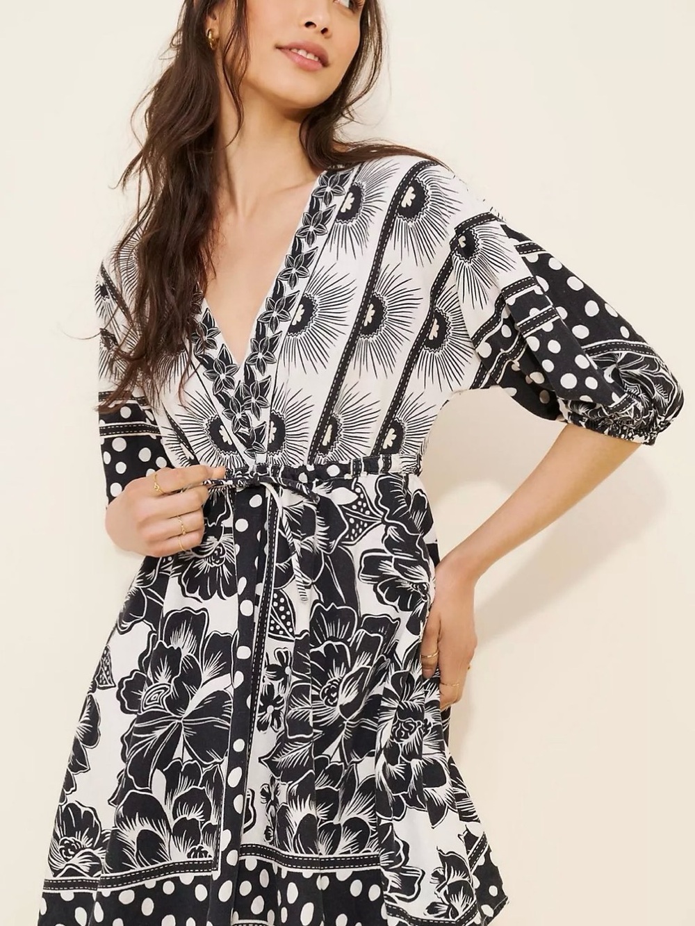 Farm Rio for Anthro Printed Black & White Floral Wrap Dress  SZ xs